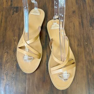 MADEWELL Boardwalk Trio Strap Slide Sandals in Tan Leather BRAZIL MADE